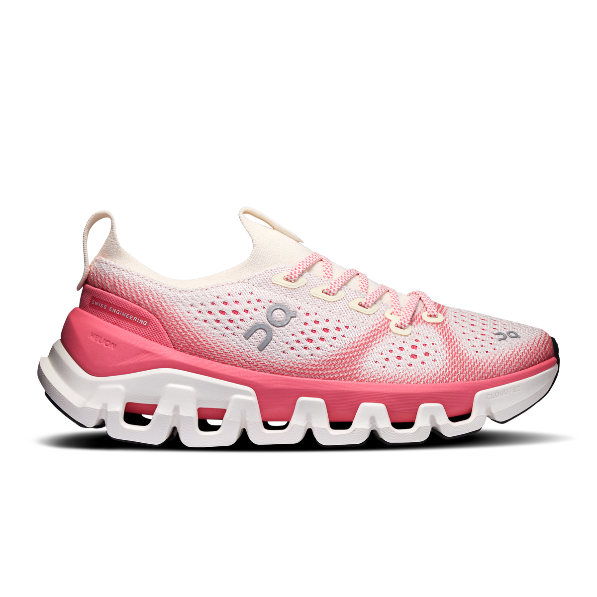 Women's lace-up running shoes in ivory and pink mesh with Cloud-style sole