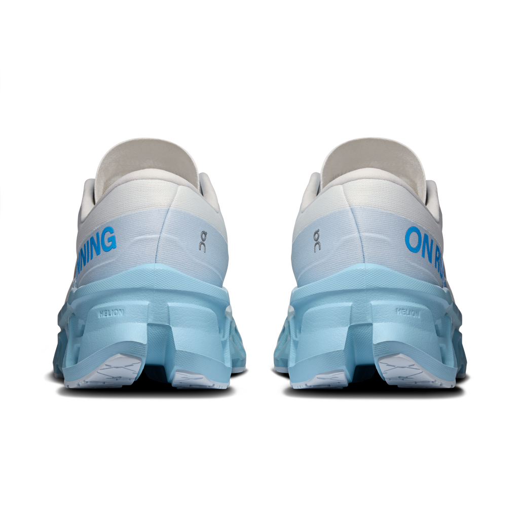 On Running Cloudmonster 3 women’s shoes, back/heel view in white with light-blue midsole