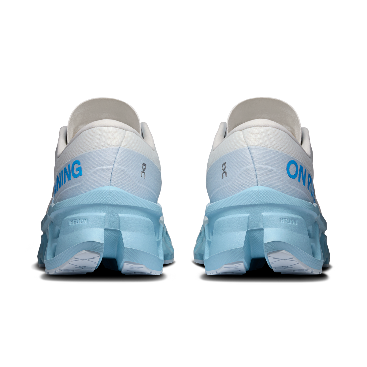On Running Cloudmonster 3 women’s shoes, back/heel view in white with light-blue midsole