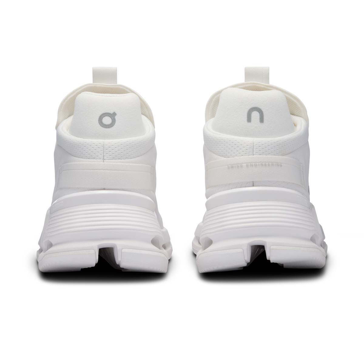 On Cloudnova 2 men's white running shoes, rear view with heel cushioning and pull tab