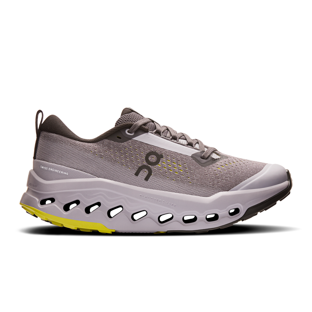 Women's trail running shoes, gray fabric with lilac accents, lace-up, CloudTec pods