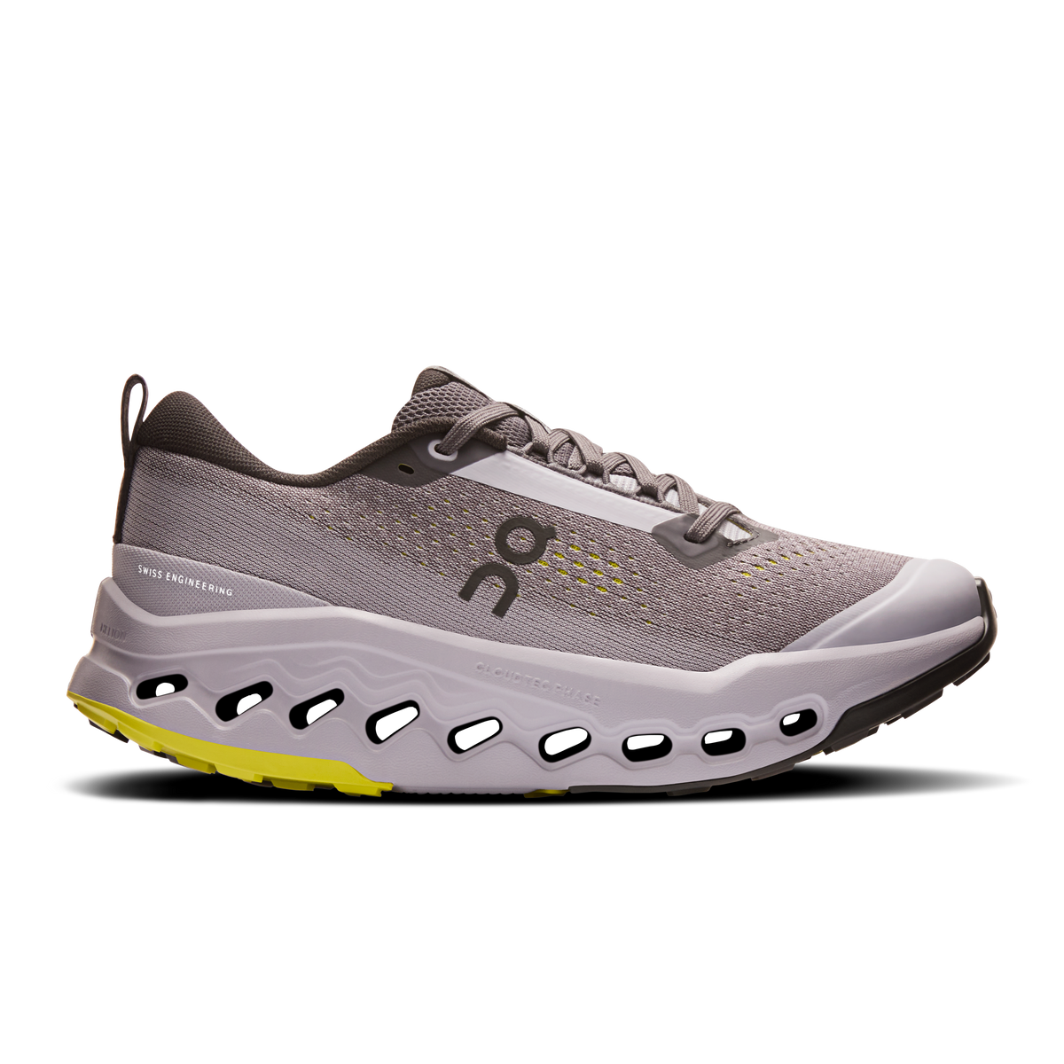 Women's trail running shoes, gray fabric with lilac accents, lace-up, CloudTec pods