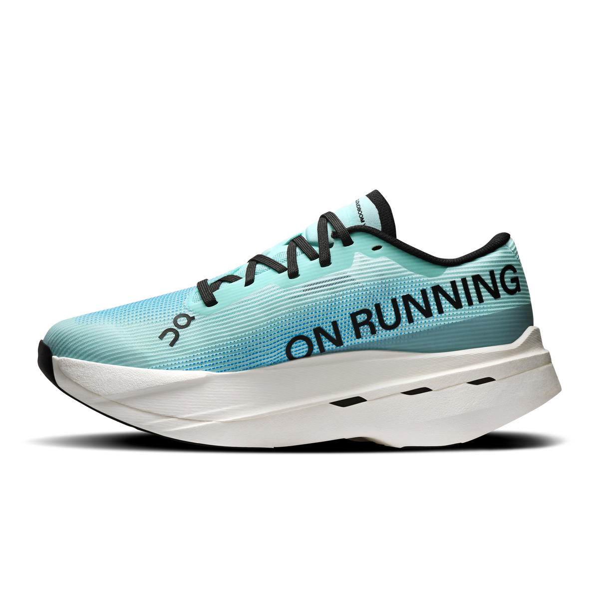 Women’s On Cloudboom Volt running shoes, celeste to blue knit with On branding on side