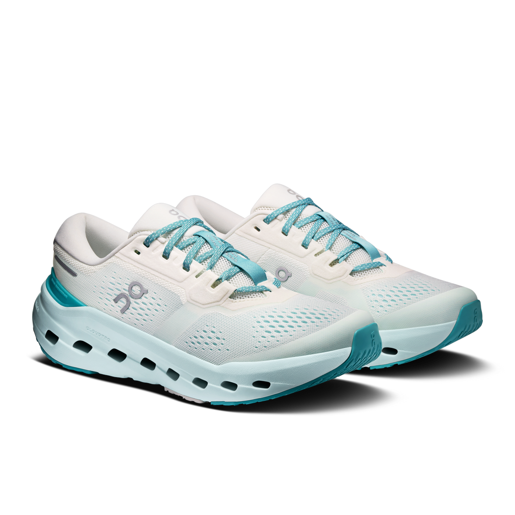 On Running Cloudrunner 3 sneakers, ivory upper with teal laces and side panels