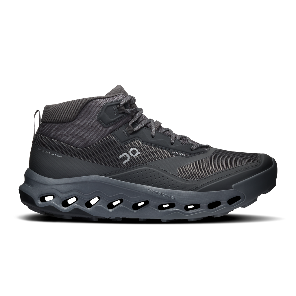 Men's waterproof mid hiking shoes by On, dark gray with lace-up and side straps