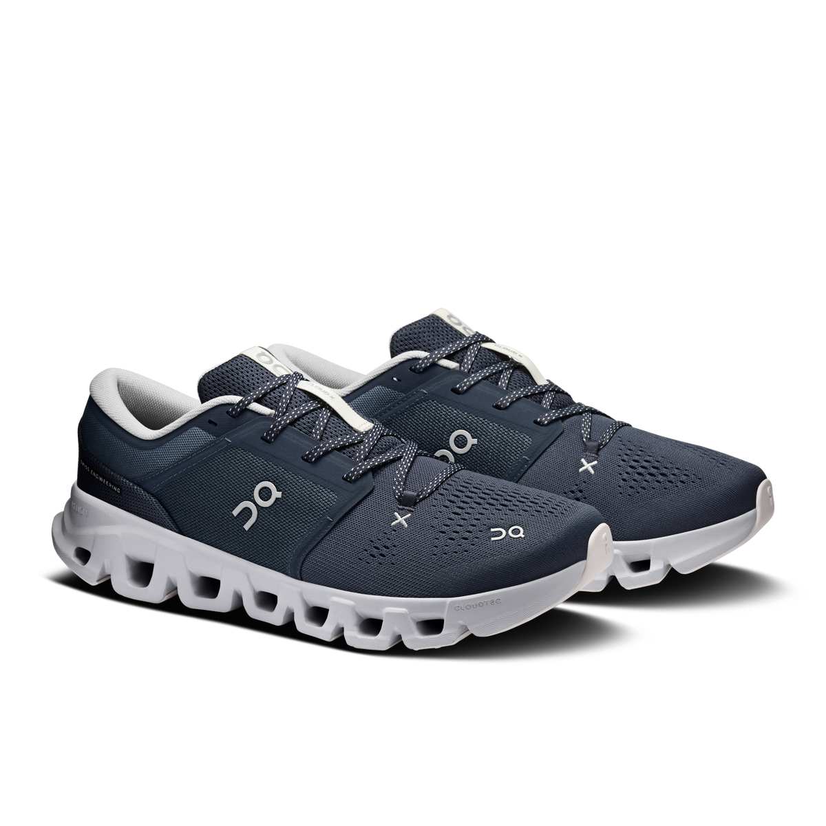 Men's On Cloud X 5 navy running shoes, lace-up side view with CloudTec sole