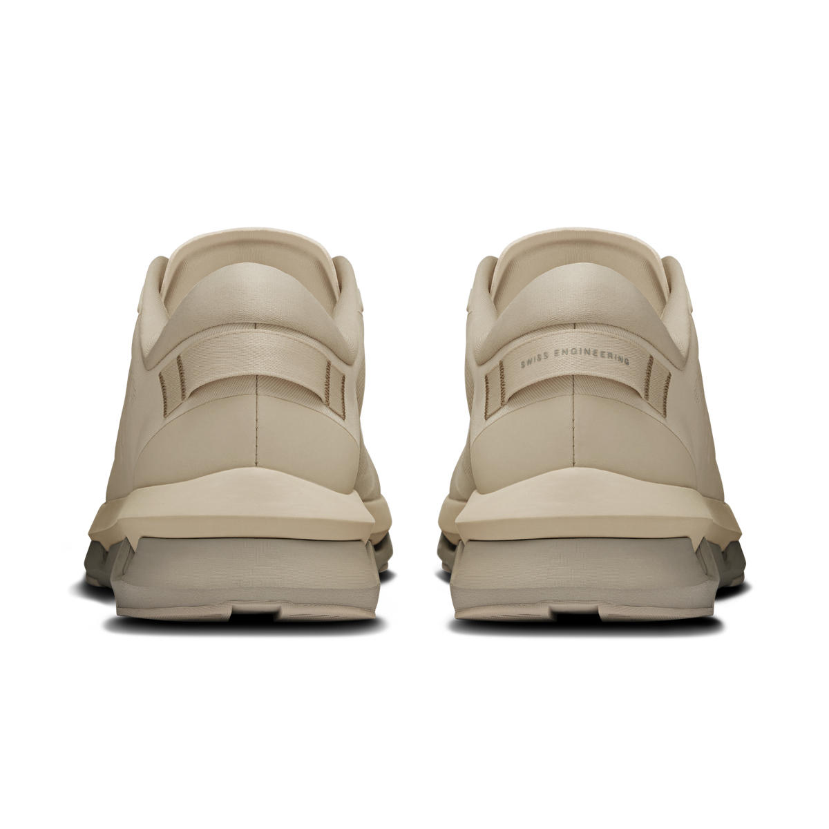 On Cloudzone running shoes in light cream, rear view with heel pull tabs