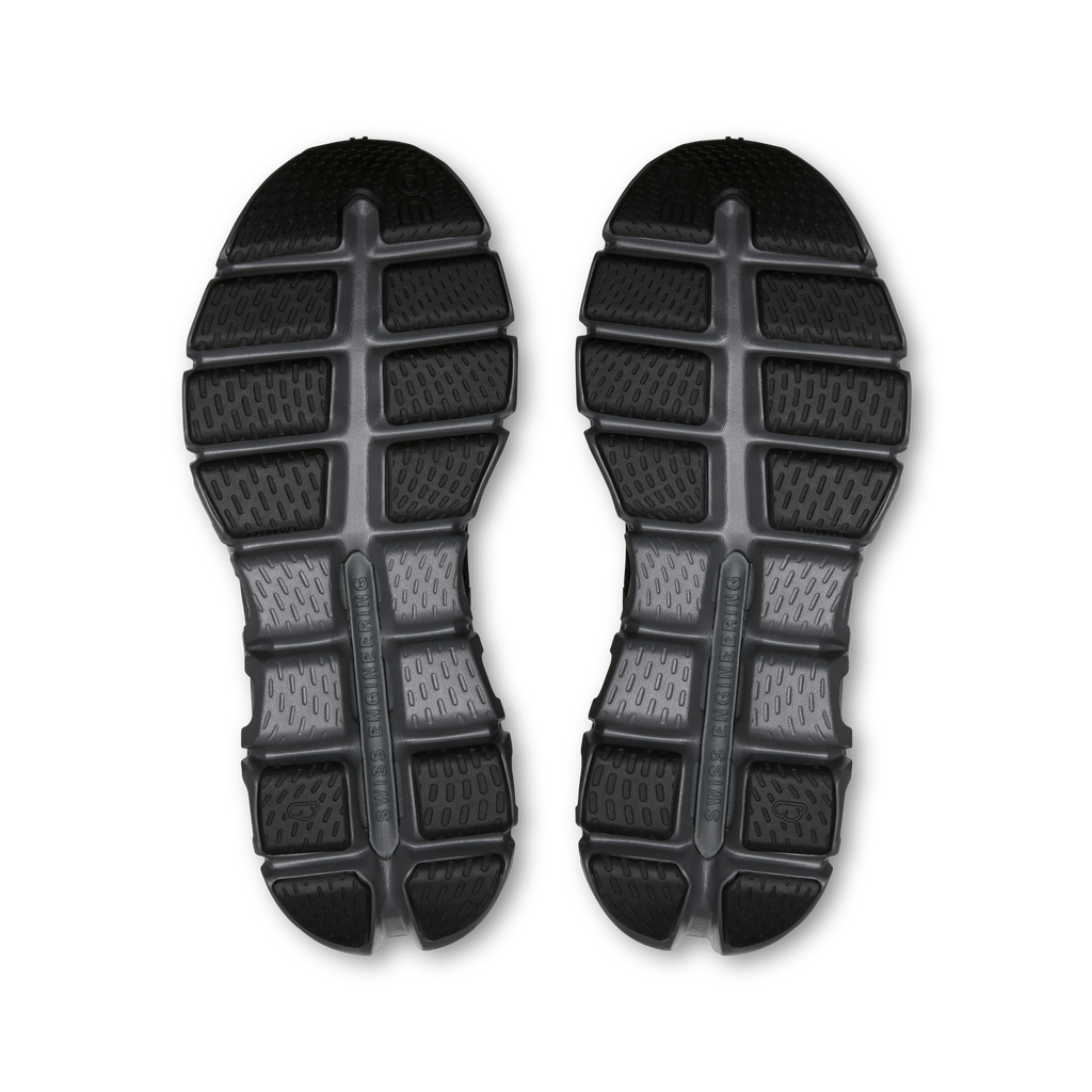 Black rubber outsole bottoms with grid tread pattern and raised center support