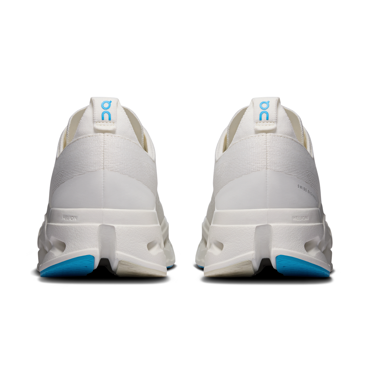 Back view of men's white running shoes with heel padding and blue trim