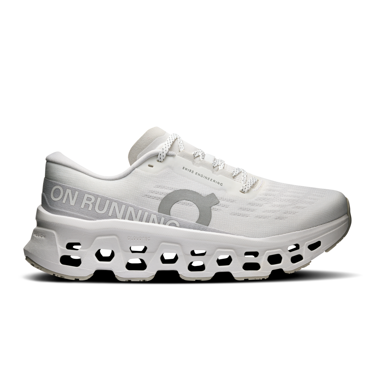 Women's white running shoes with cloud pod outsole and lace-up mesh upper