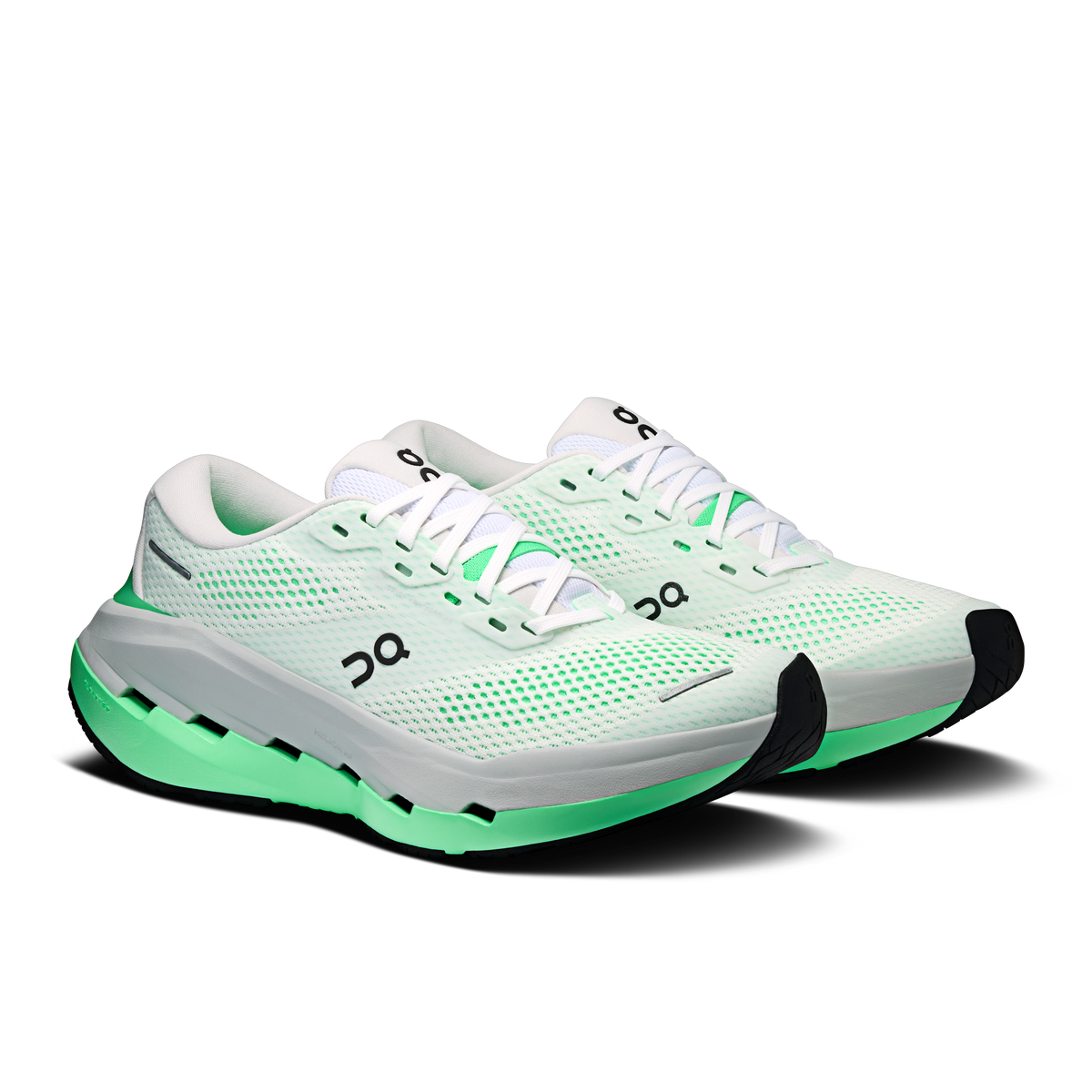 Women's running shoes, white mesh sneaker with green laces and black heel panel