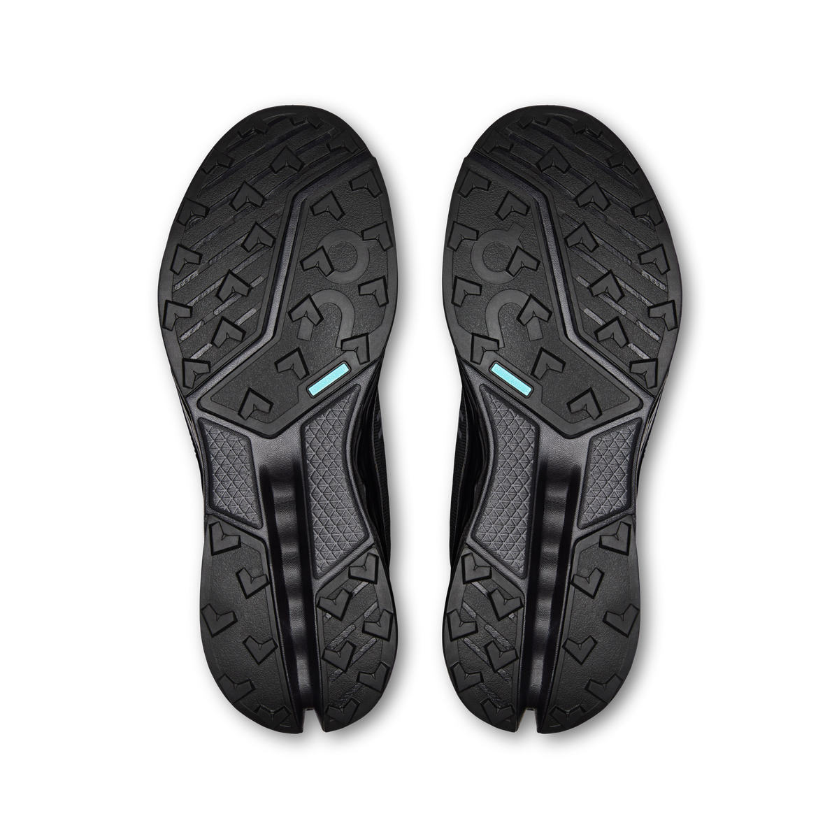 Shoe outsoles with deep tread pattern and blue accent lines