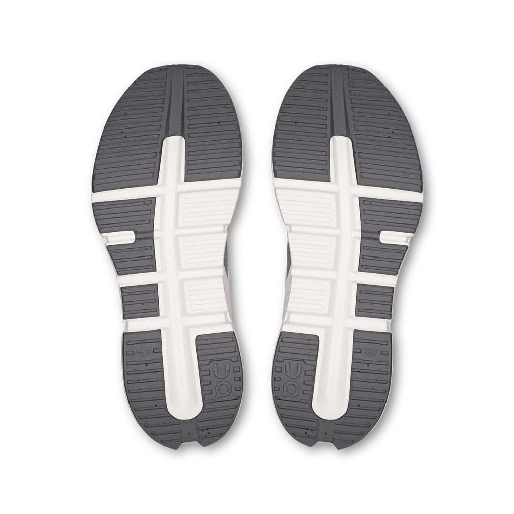 Shoe outsoles with tread pattern, white center cross, and dark rubber blocks