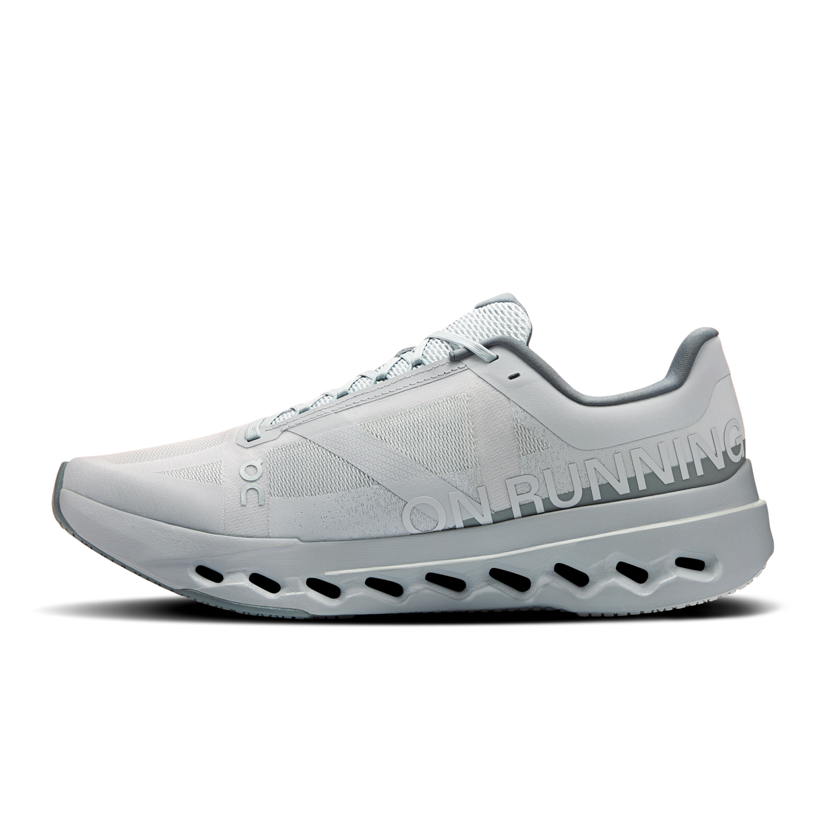 Men's On running shoes, light gray side view with lace-up and cloud sole pods
