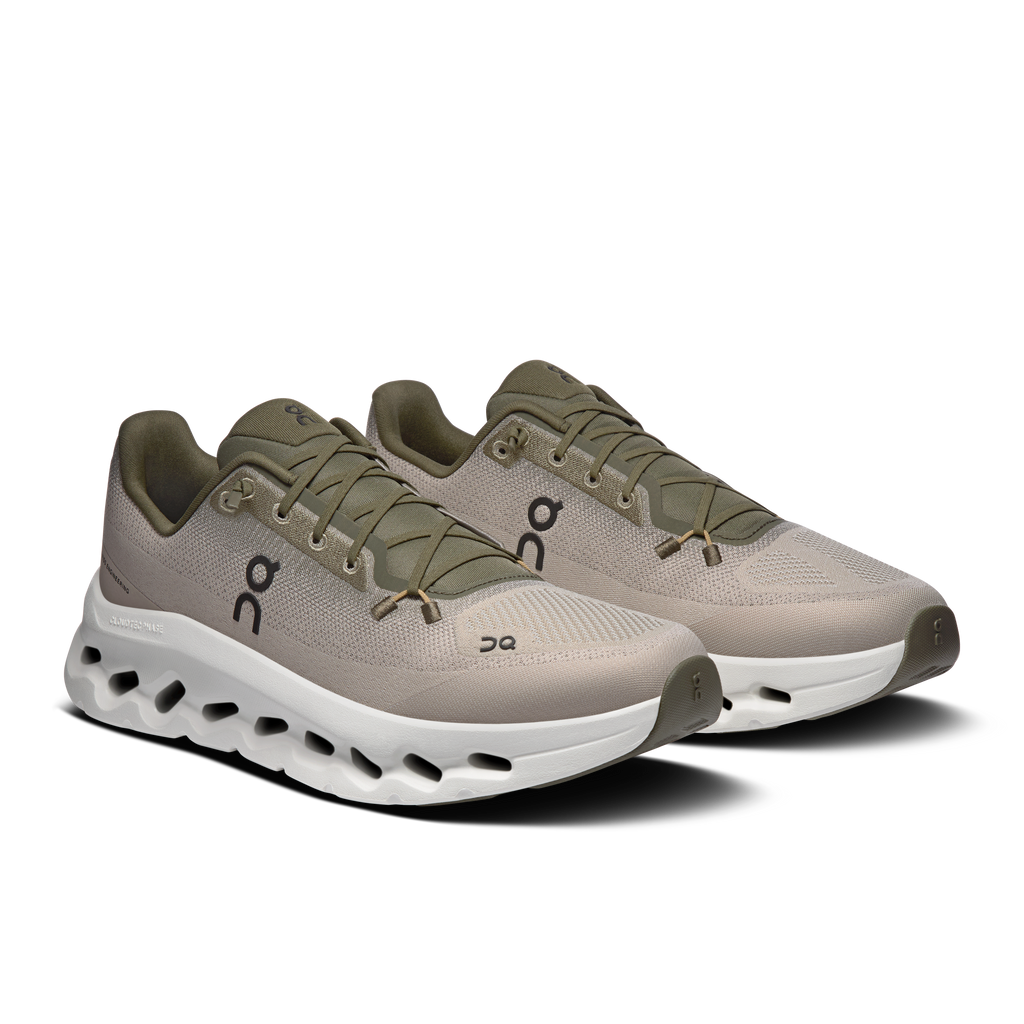 Men's Cloudtilt running shoes, tan upper with olive laces and CloudTec cushioning