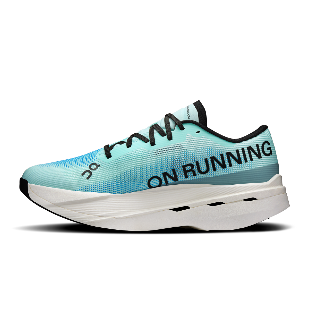 Men's On Cloudboom Volt shoes, light blue upper with ON RUNNING branding and white sole