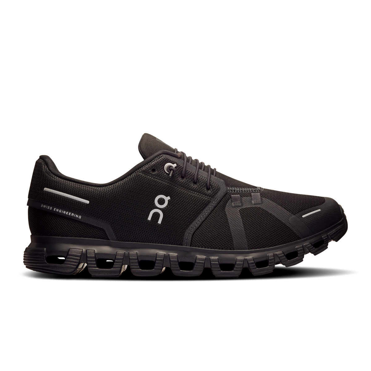 Men's black running shoes with cloud-style cushioned outsole and lace-up upper