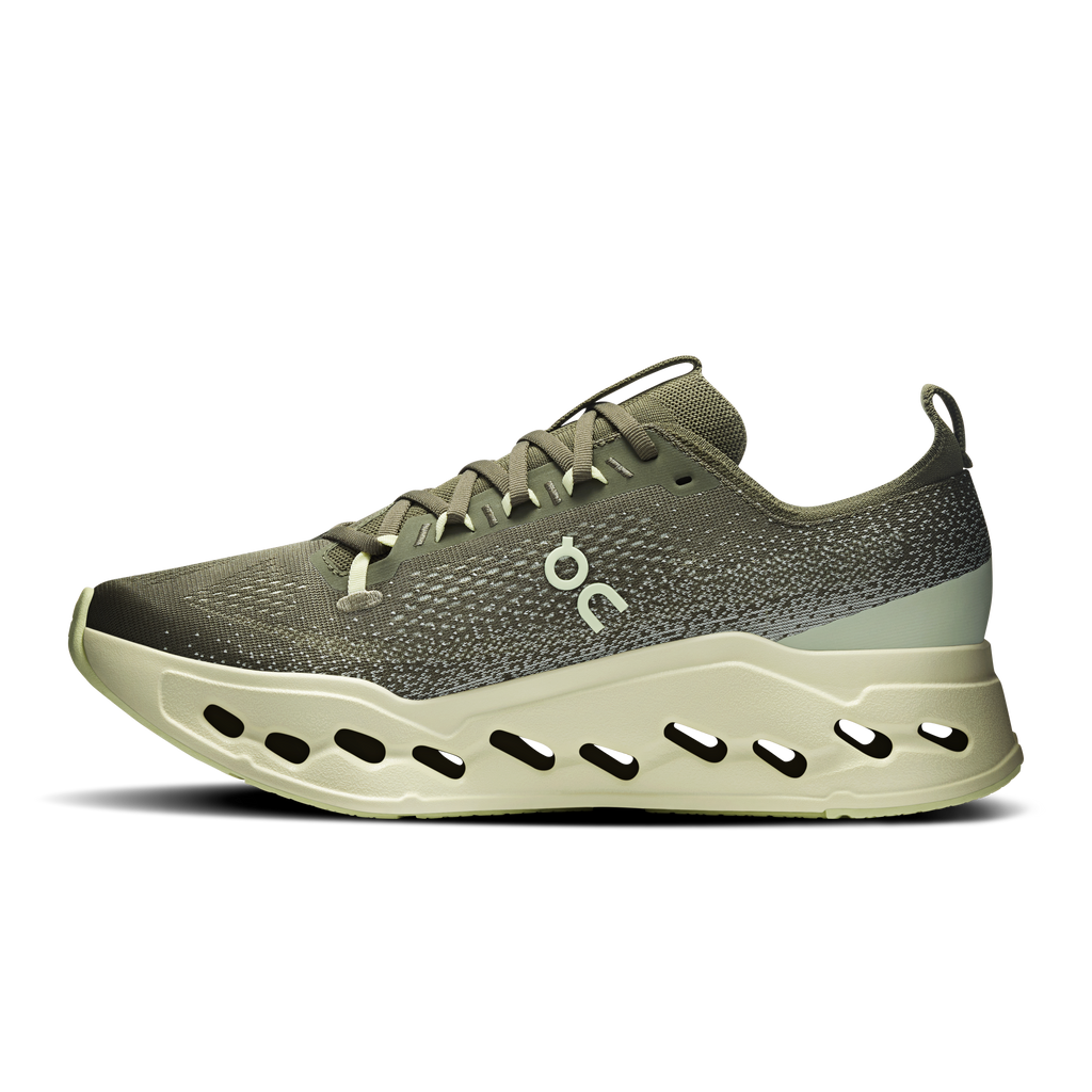 Men's On running shoes, olive knit upper with lace-up eyelets and light seedling Cloud sole