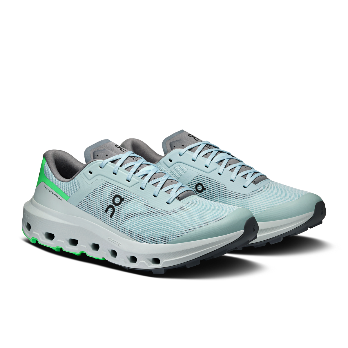 Men's light blue lace-up running shoes with green heel panel and cushioned sole
