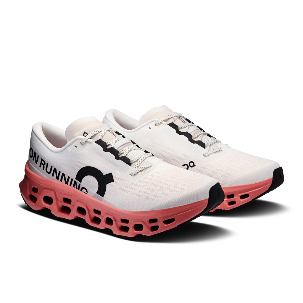 On Cloudmonster 3 men’s running shoe, ivory upper with pink/red outsole pods
