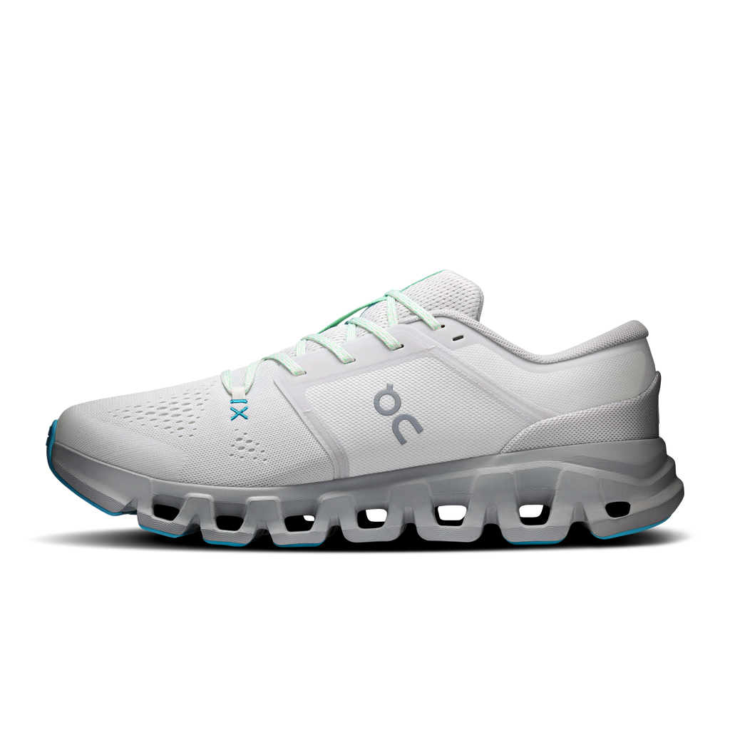 Men's On Cloud X 5 shoes in light gray with teal piping and green lace tabs
