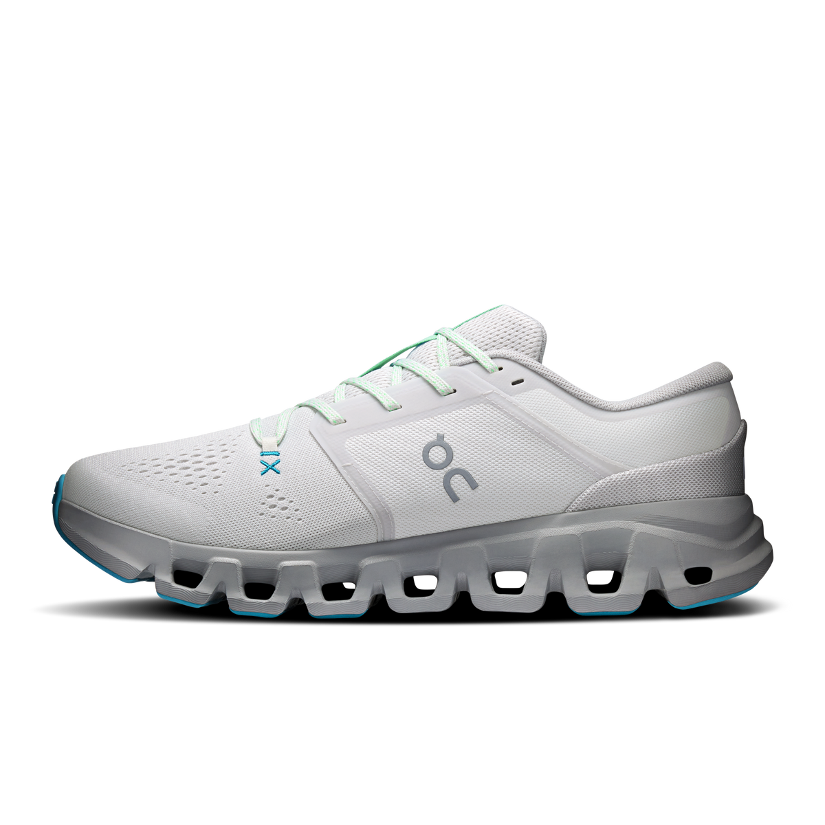Men's On Cloud X 5 shoes in light gray with teal piping and green lace tabs