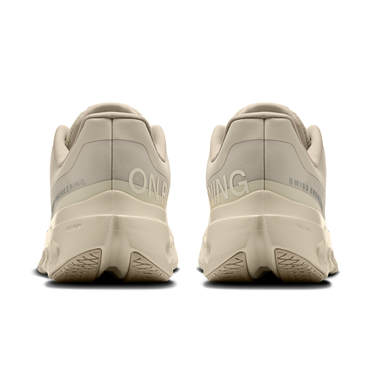Women's running shoes, back view with heel branding and light beige cushioned sole