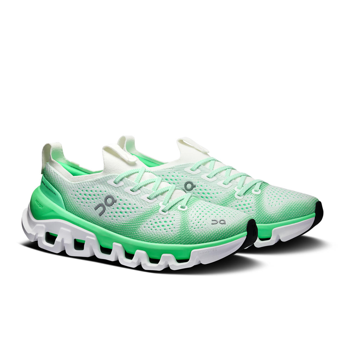 Men's running shoes, green and ivory knit upper with lace-up front