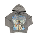 Men's grey rhinestone zip-up hoodie with angel graphic on chest, hooded