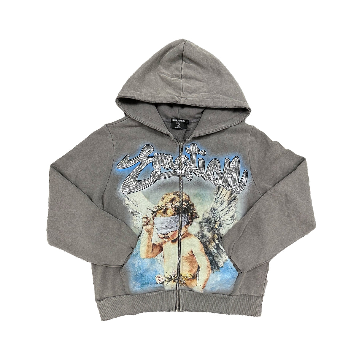 Men's grey rhinestone zip-up hoodie with angel graphic on chest, hooded