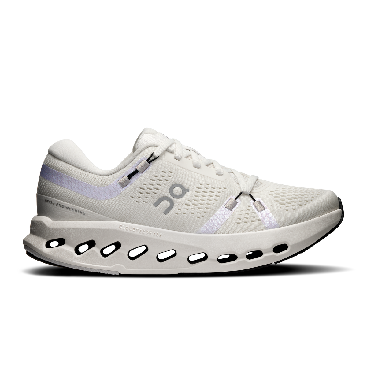 Ivory women's running shoes with lavender stripe and perforated upper