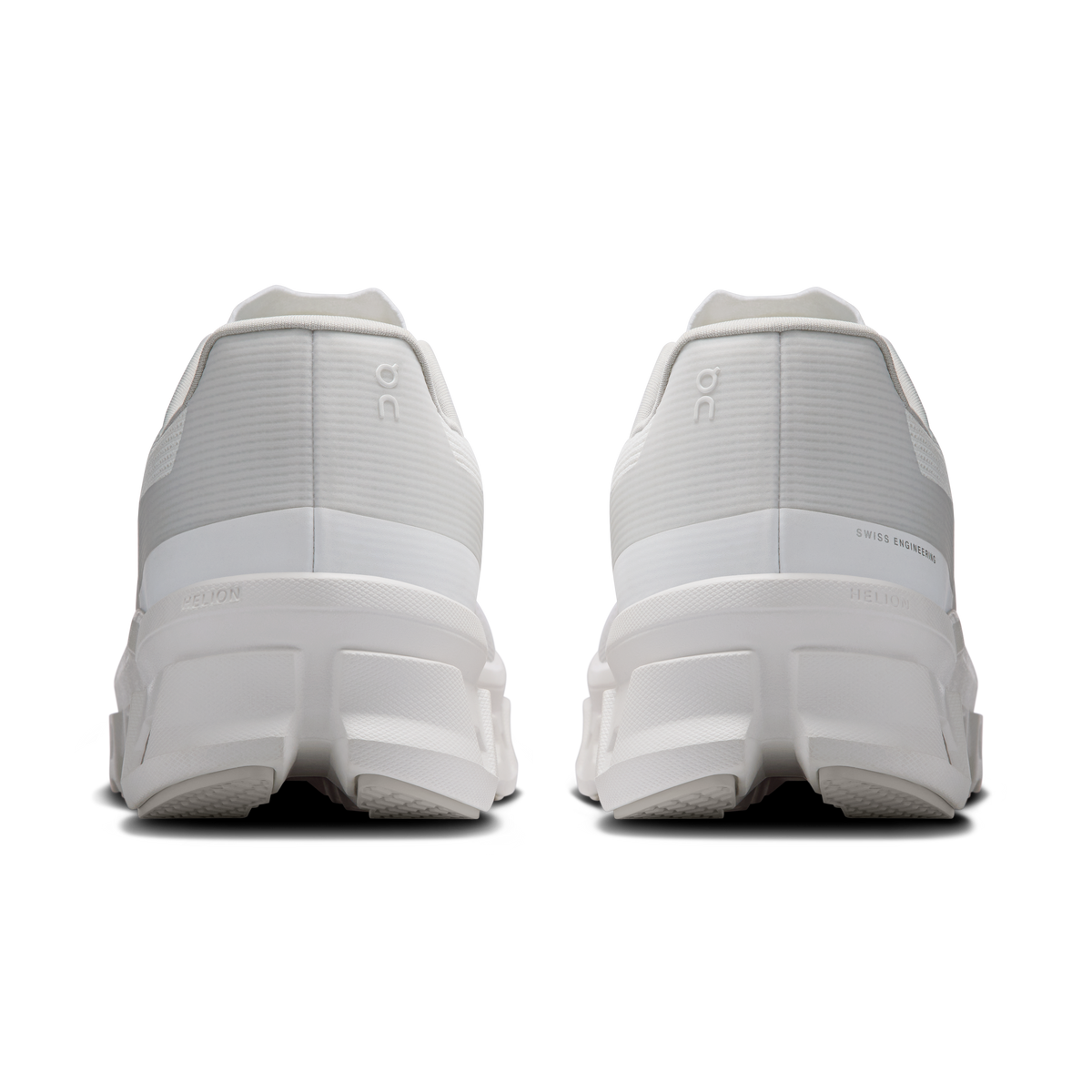 Men's white running shoes heel view with cushioned collars and rear midsole padding