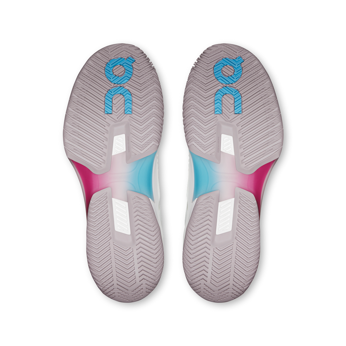 Pair of shoe outsoles with chevron traction, white with pink and blue accents