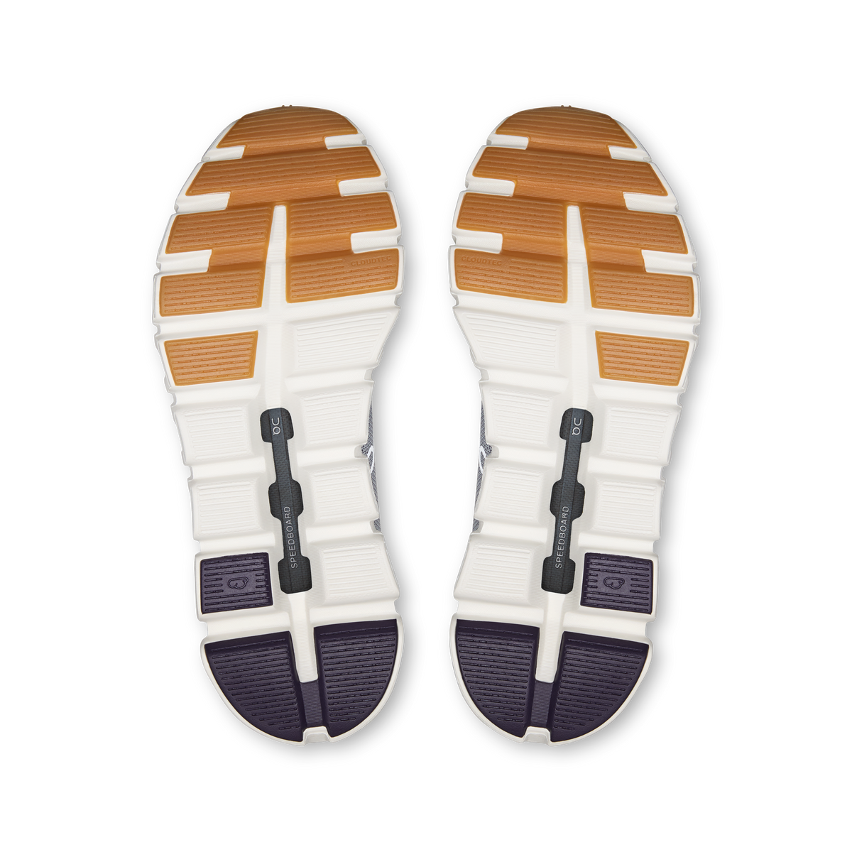 Shoe outsoles with orange traction pads and dark rubber sections