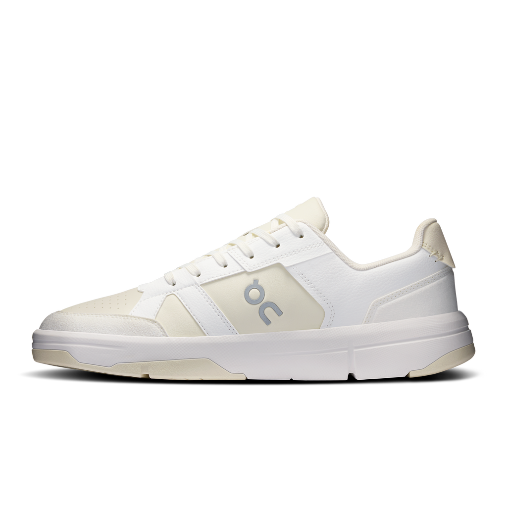 Men's white lace-up sneakers with light beige paneling and On logo, profile