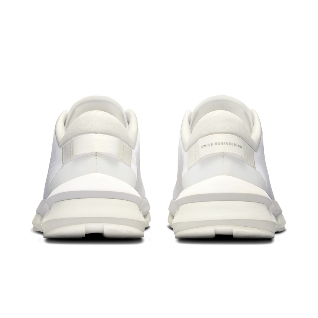 On Cloudzone women's running shoes, white heel view with layered straps and branding