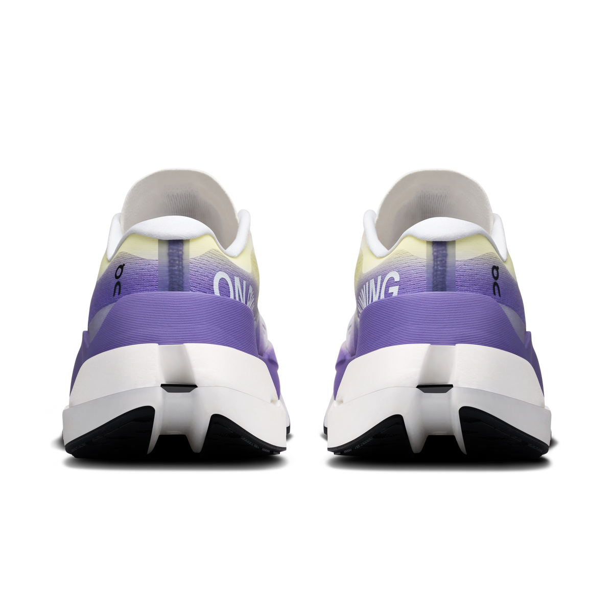 Women’s On running shoes, heel view with purple back panel and white cloud-like sole