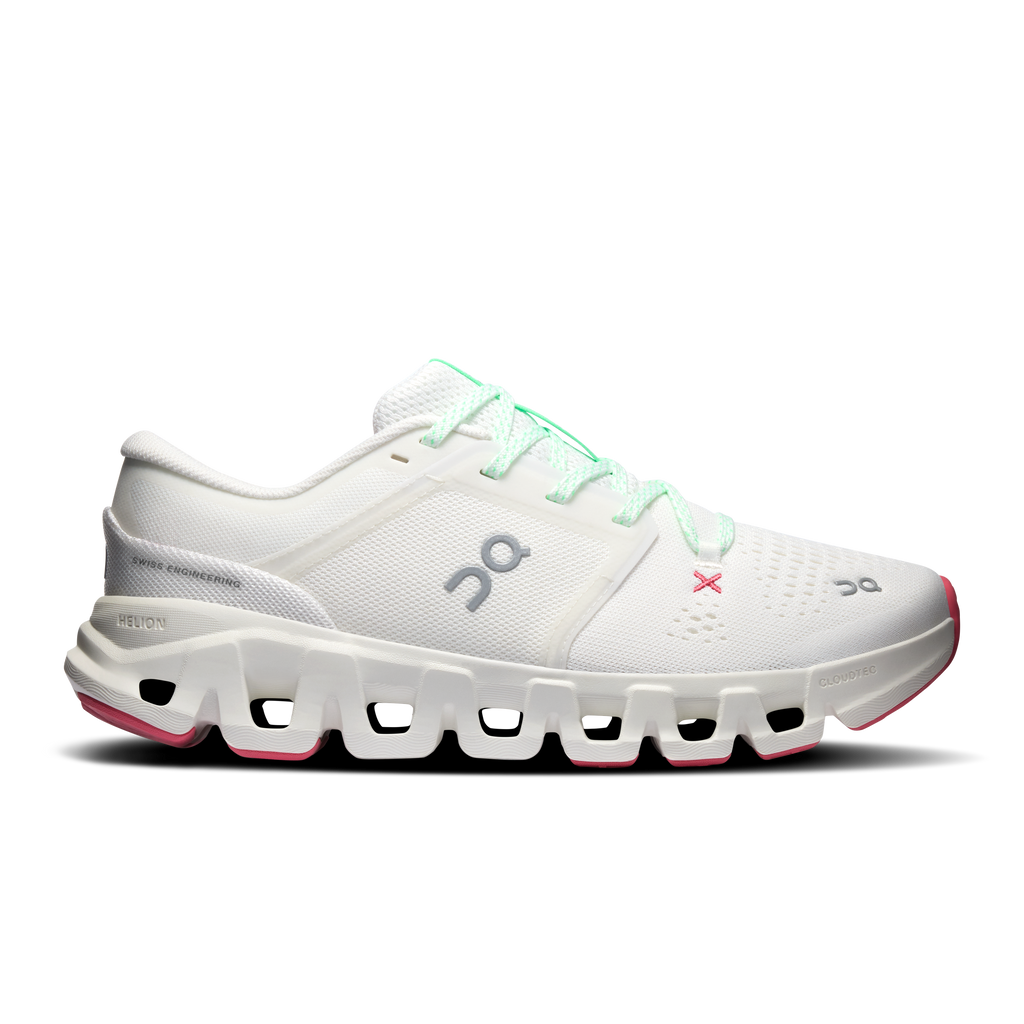 Women's ivory running shoes, mint laces, red-accent CloudTec sole