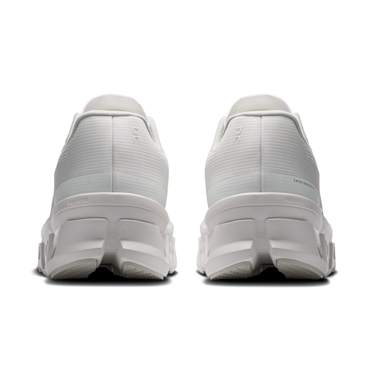 Women's white running shoes rear view with cushioned heel and pull tab