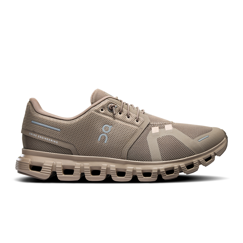 Women's On Cloud 6 running shoes in cinder and fog, mesh upper, lace-up.
