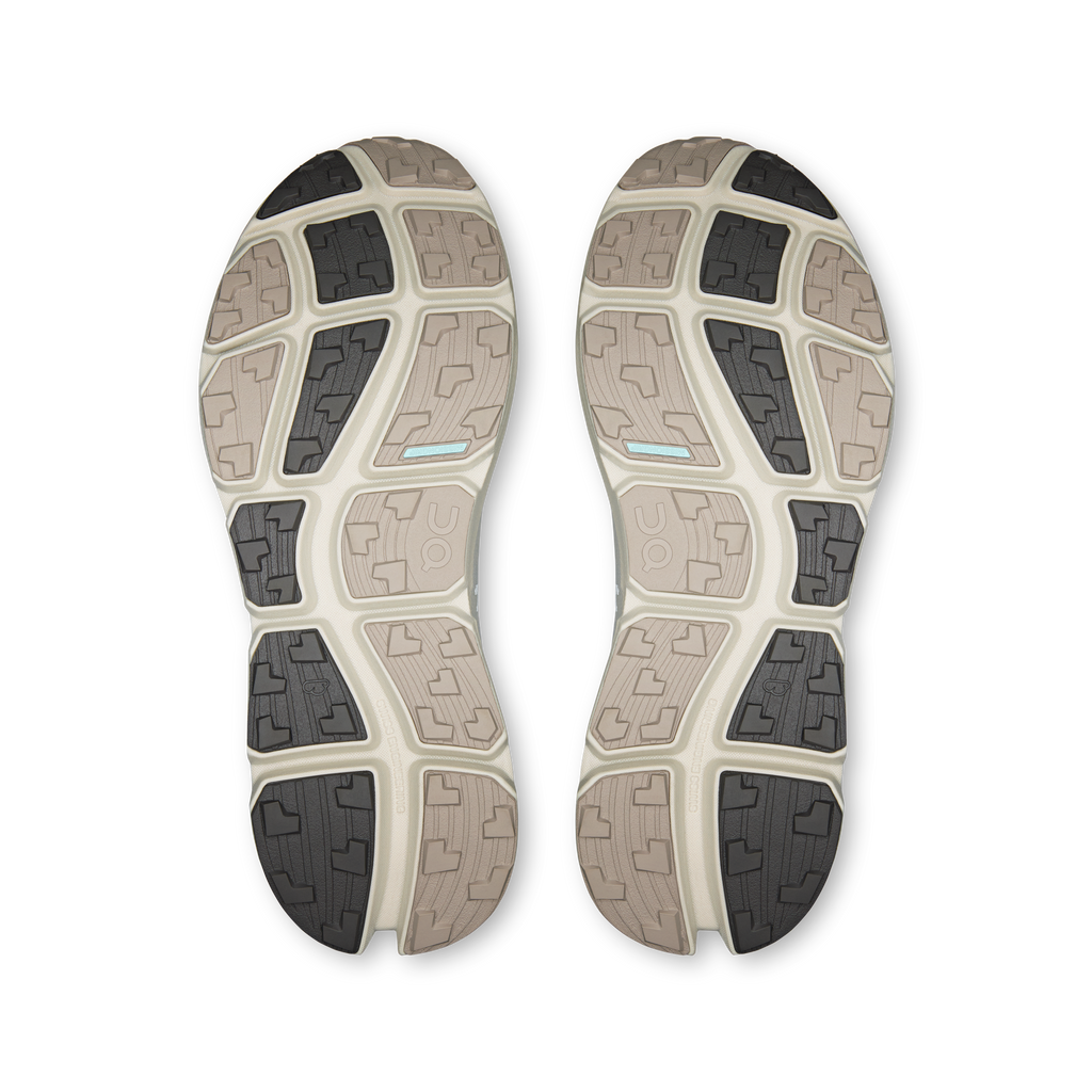 Shoe outsoles pair with patterned tread, light gray and white sole base