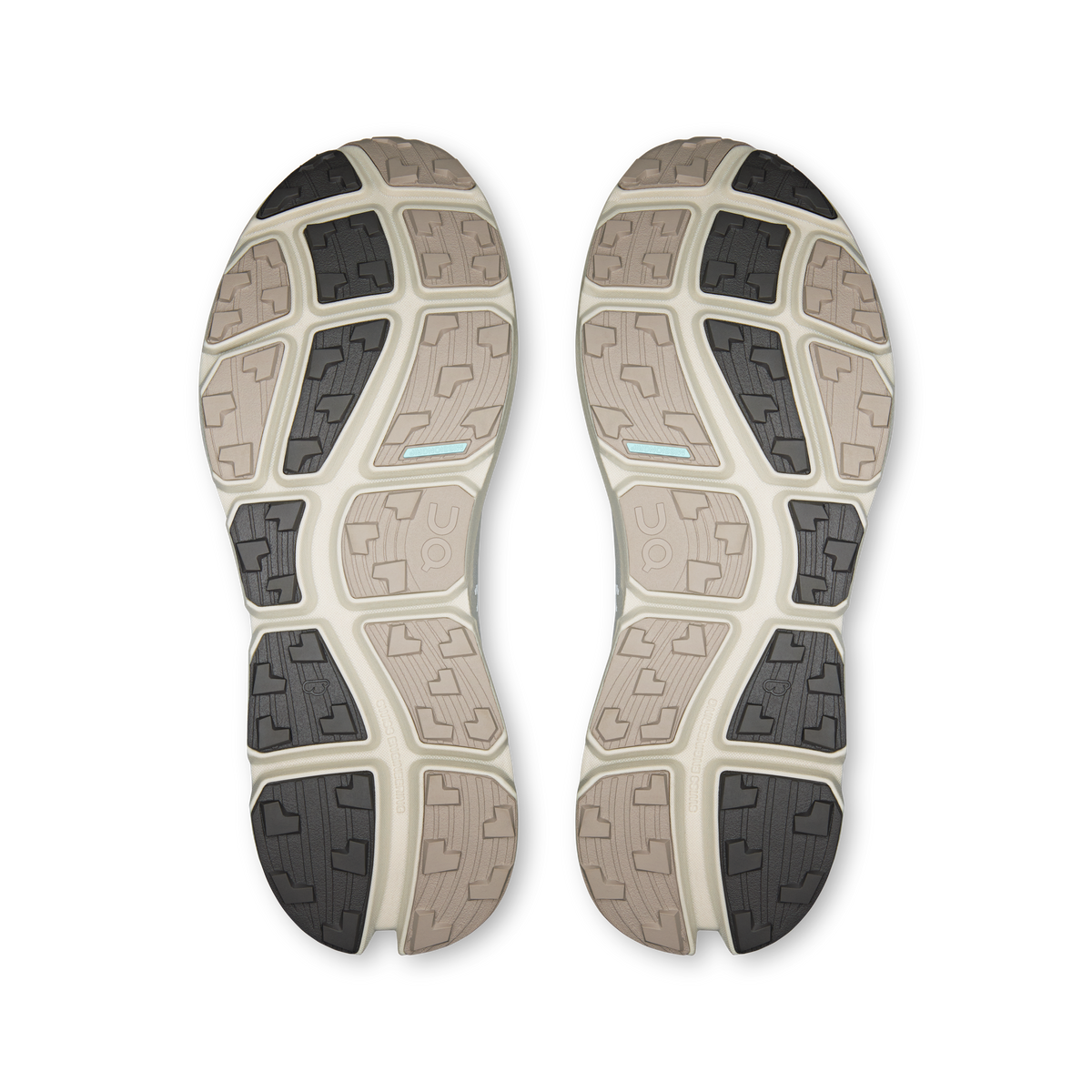 Shoe outsoles pair with patterned tread, light gray and white sole base