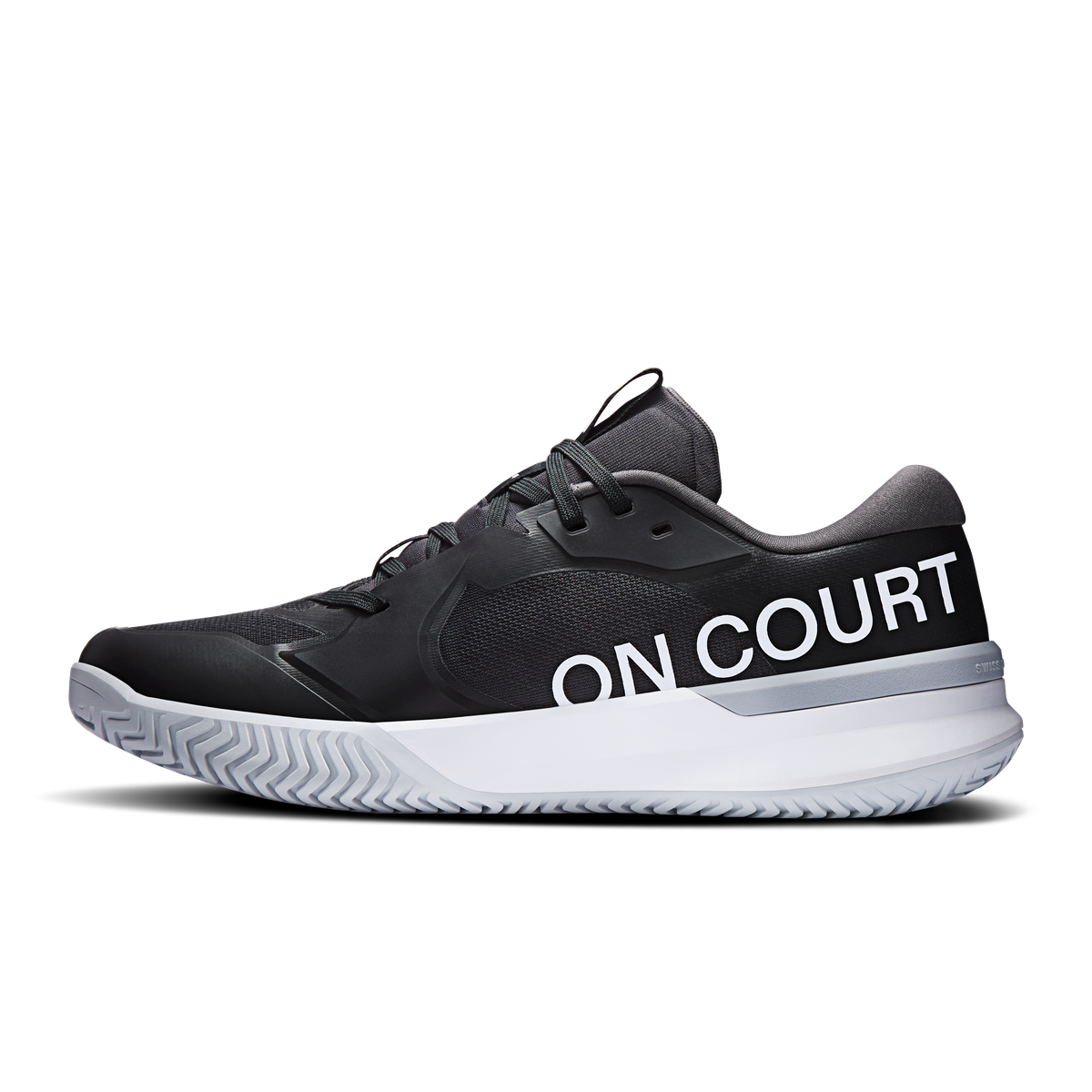 On Running Roger Pro 3 clay shoes, black side with 'ON COURT' lettering and white sole