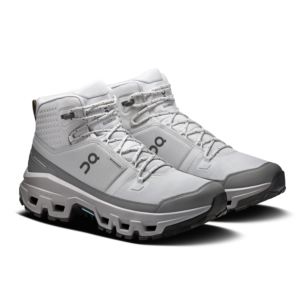 Men's waterproof mid hiking shoes, light gray lace-up with front strap details