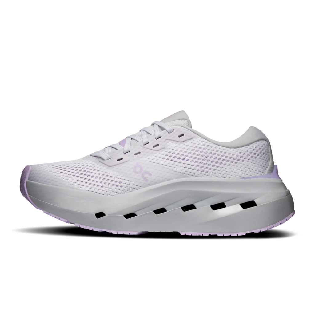 On Cloudrunner 3 Max running shoe, side profile in white with lavender heel trim