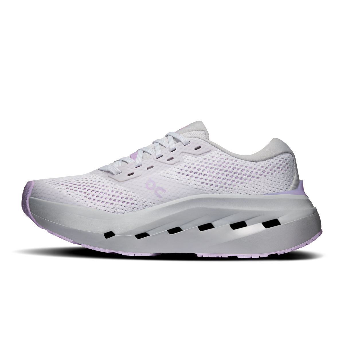 On Cloudrunner 3 Max running shoe, side profile in white with lavender heel trim