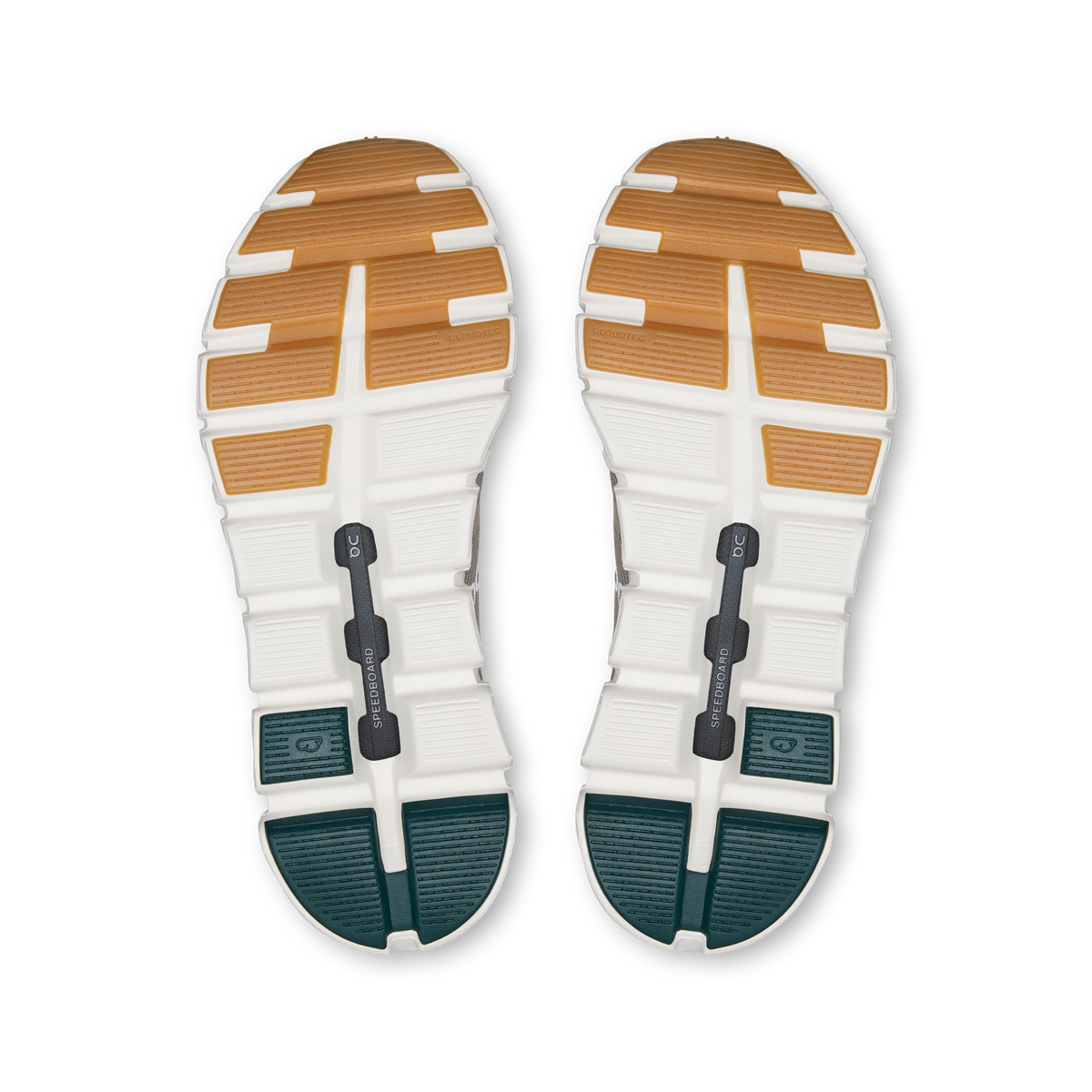 Shoe outsole view with white tread and tan rubber sections over teal inserts.