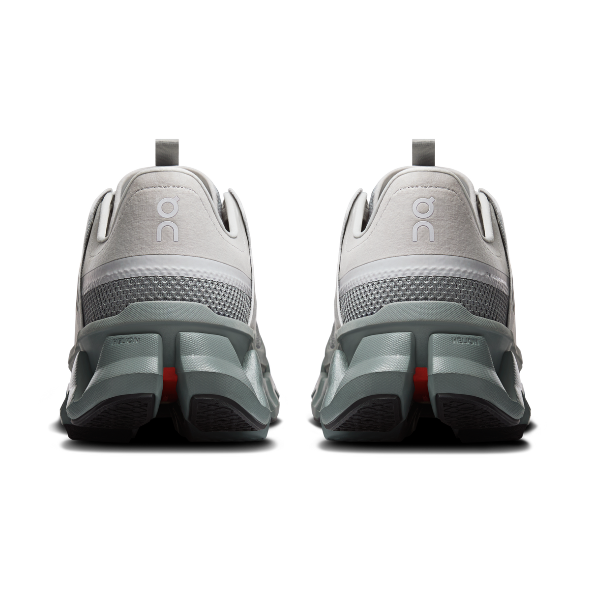 Back view of men's On Running Cloudswift Amp shoes with gray heel counters and red details