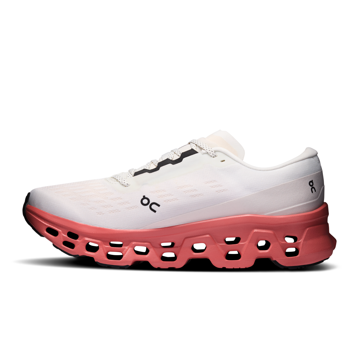 On Cloudmonster 3 men’s running shoe, ivory upper with red cloud-style midsole