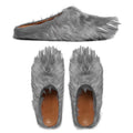 Grey faux-fur unisex mules with bear-claw toe detailing and tan insole